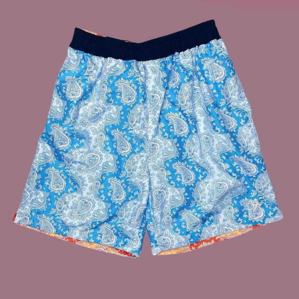 Men’s Oleg Cassini Blue & Orange Paisley Printed Swim Trunk Shorts